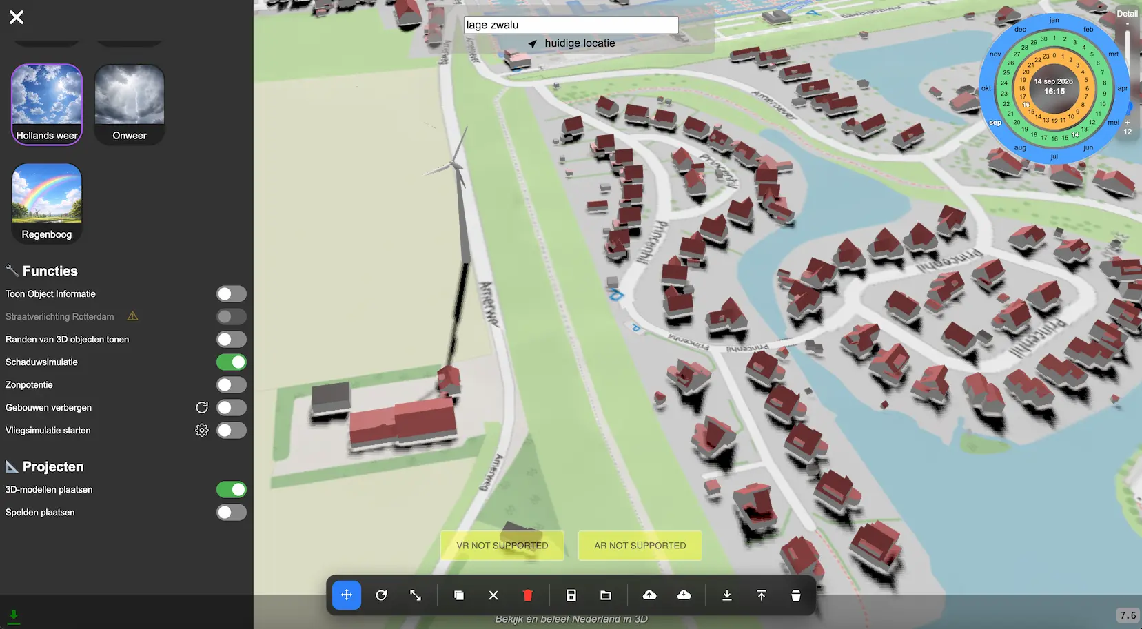Schaduw van gebouwen zichtbaar in de 3D-omgeving